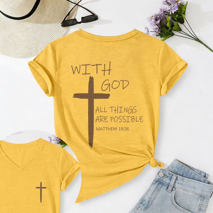 Christianartworkshop Doppelseitiges Kreuz – „Mit Gott ist alles möglich“ (Matthäus 19,26) – Lässiges T-Shirt mit V-Ausschnitt und Buchstabenprint - Gelb - 2XL - image 60