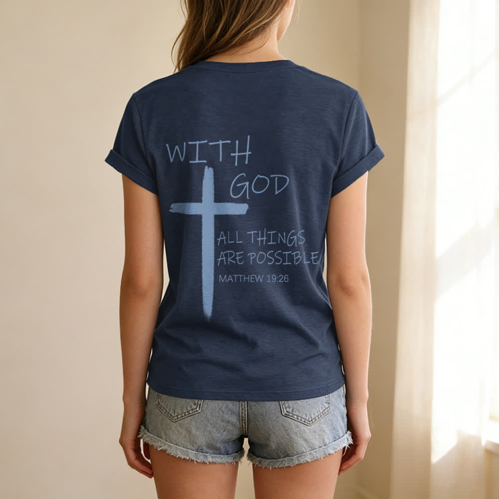 Christianartworkshop Doppelseitiges Kreuz – „Mit Gott ist alles möglich“ (Matthäus 19,26) – Lässiges T-Shirt mit V-Ausschnitt und Buchstabenprint - image 3