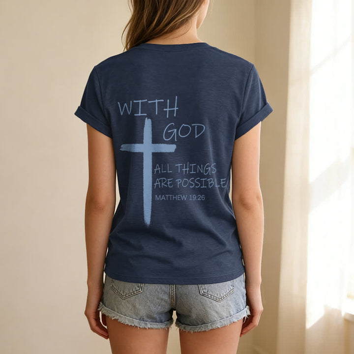 Christianartworkshop Doppelseitiges Kreuz – „Mit Gott ist alles möglich“ (Matthäus 19,26) – Lässiges T-Shirt mit V-Ausschnitt und Buchstabenprint - image 3