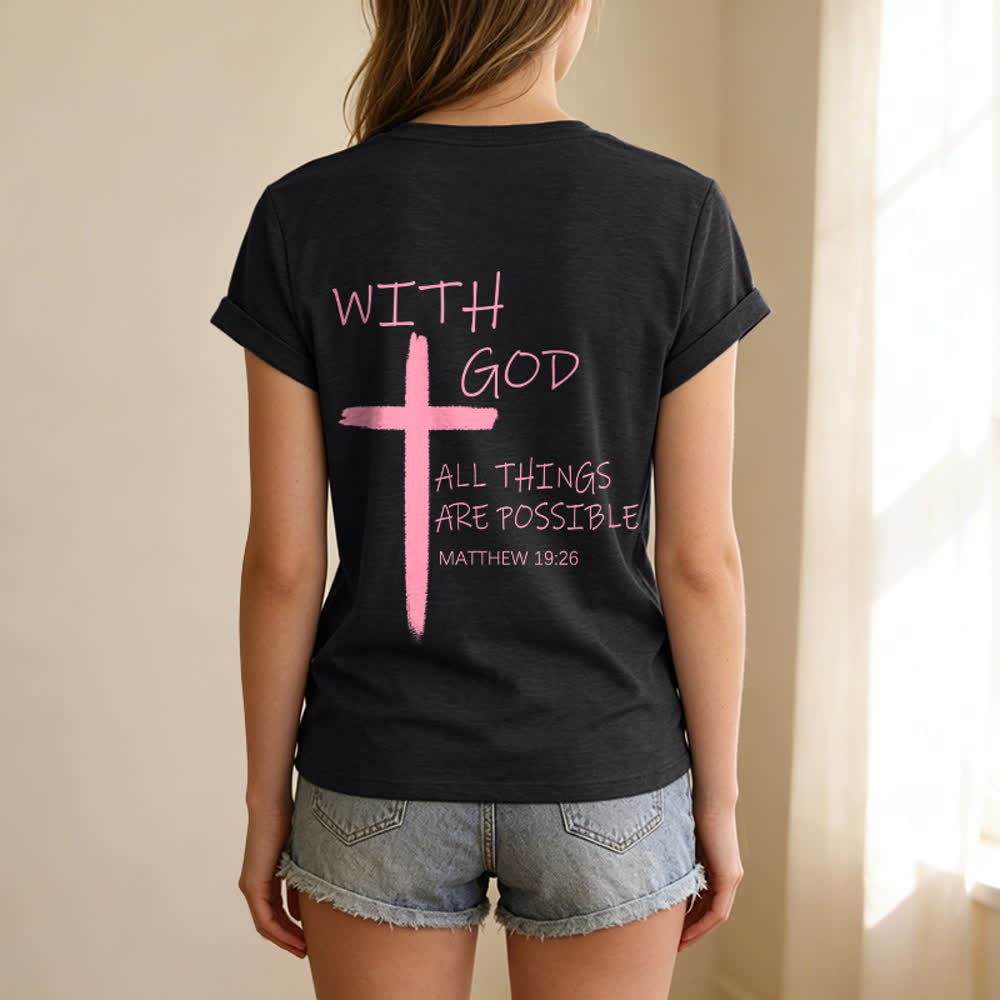 Christianartworkshop Doppelseitiges Kreuz – „Mit Gott ist alles möglich“ (Matthäus 19,26) – Lässiges T-Shirt mit V-Ausschnitt und Buchstabenprint - image 33