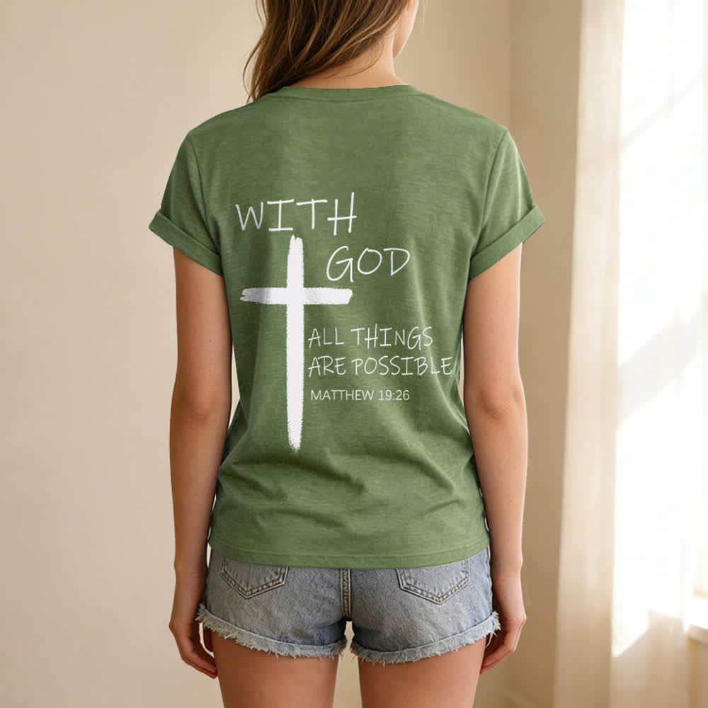 Christianartworkshop Doppelseitiges Kreuz – „Mit Gott ist alles möglich“ (Matthäus 19,26) – Lässiges T-Shirt mit V-Ausschnitt und Buchstabenprint - image 23