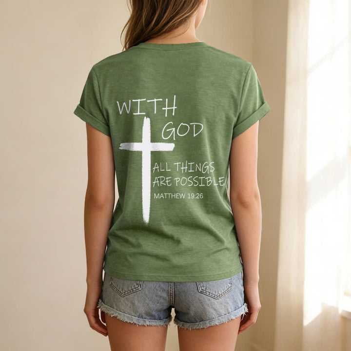 Christianartworkshop Doppelseitiges Kreuz – „Mit Gott ist alles möglich“ (Matthäus 19,26) – Lässiges T-Shirt mit V-Ausschnitt und Buchstabenprint - image 23