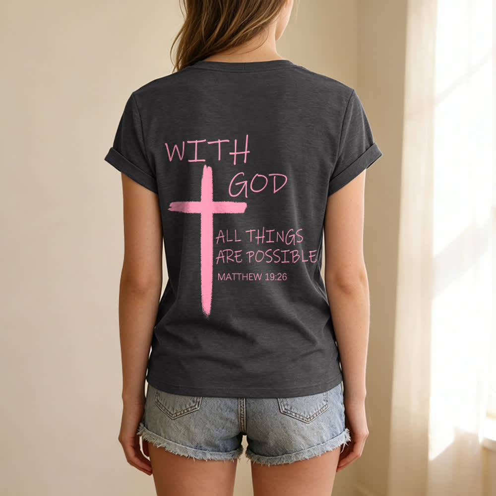 Christianartworkshop Doppelseitiges Kreuz – „Mit Gott ist alles möglich“ (Matthäus 19,26) – Lässiges T-Shirt mit V-Ausschnitt und Buchstabenprint - image 18