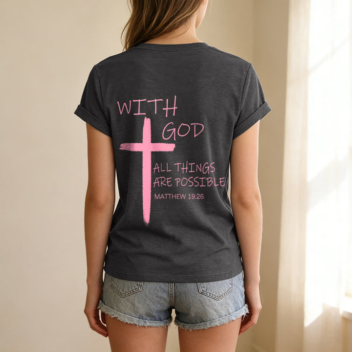 Christianartworkshop Doppelseitiges Kreuz – „Mit Gott ist alles möglich“ (Matthäus 19,26) – Lässiges T-Shirt mit V-Ausschnitt und Buchstabenprint - image 18