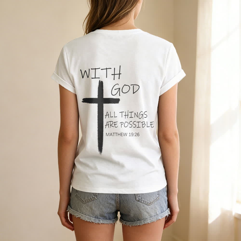 Christianartworkshop Doppelseitiges Kreuz – „Mit Gott ist alles möglich“ (Matthäus 19,26) – Lässiges T-Shirt mit V-Ausschnitt und Buchstabenprint - image 13