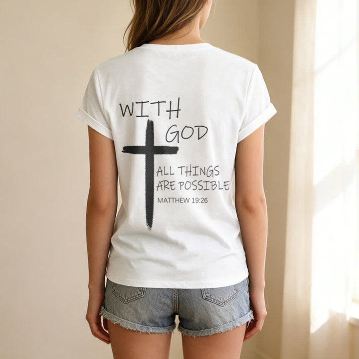 Christianartworkshop Doppelseitiges Kreuz – „Mit Gott ist alles möglich“ (Matthäus 19,26) – Lässiges T-Shirt mit V-Ausschnitt und Buchstabenprint - image 13