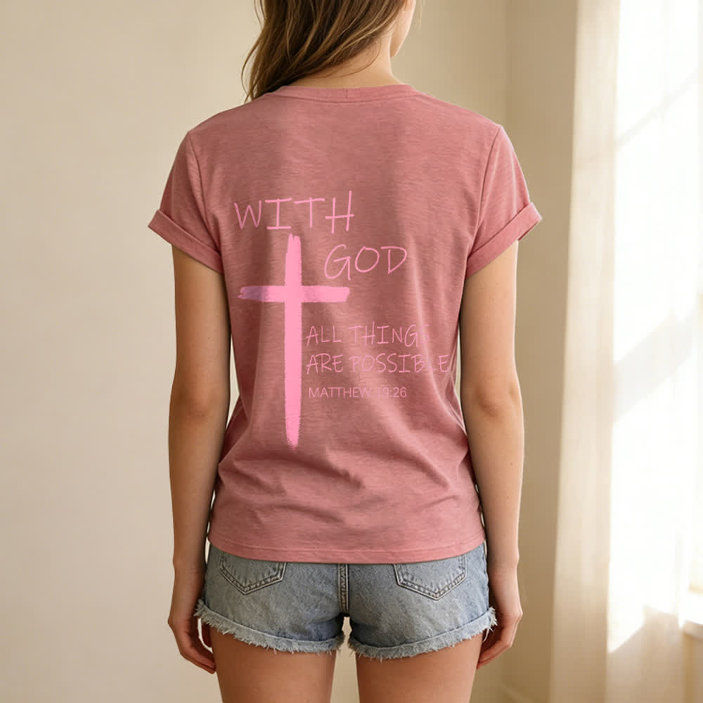 Christianartworkshop Doppelseitiges Kreuz – „Mit Gott ist alles möglich“ (Matthäus 19,26) – Lässiges T-Shirt mit V-Ausschnitt und Buchstabenprint - image 48