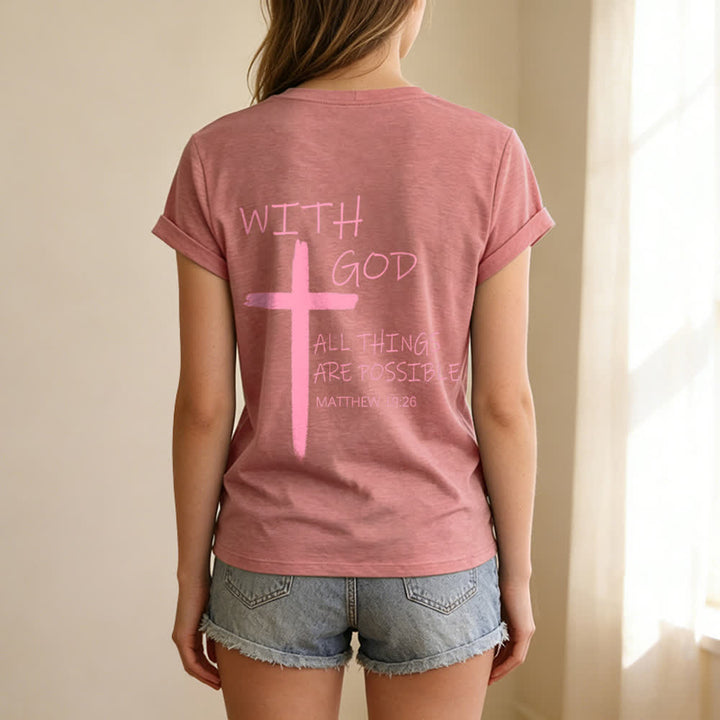 Christianartworkshop Doppelseitiges Kreuz – „Mit Gott ist alles möglich“ (Matthäus 19,26) – Lässiges T-Shirt mit V-Ausschnitt und Buchstabenprint - image 48