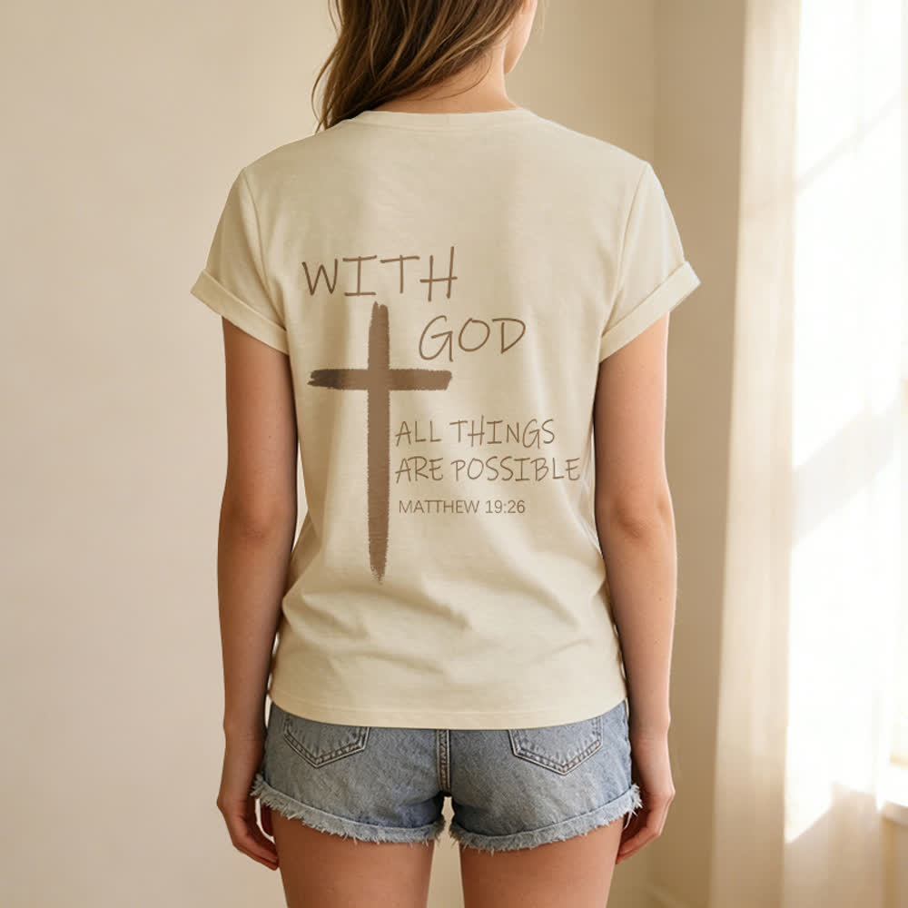 Christianartworkshop Doppelseitiges Kreuz – „Mit Gott ist alles möglich“ (Matthäus 19,26) – Lässiges T-Shirt mit V-Ausschnitt und Buchstabenprint - image 8
