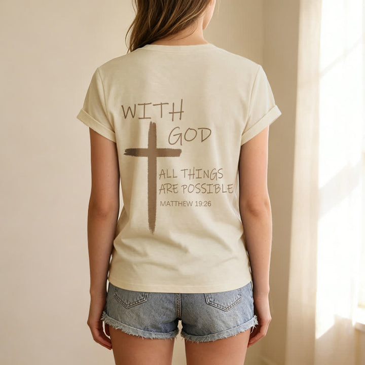 Christianartworkshop Doppelseitiges Kreuz – „Mit Gott ist alles möglich“ (Matthäus 19,26) – Lässiges T-Shirt mit V-Ausschnitt und Buchstabenprint - image 8