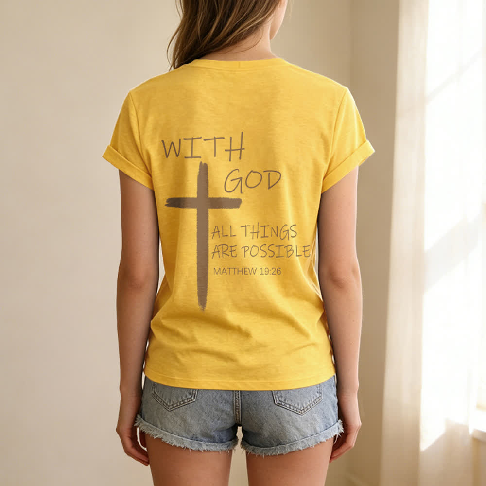 Christianartworkshop Doppelseitiges Kreuz – „Mit Gott ist alles möglich“ (Matthäus 19,26) – Lässiges T-Shirt mit V-Ausschnitt und Buchstabenprint - image 63