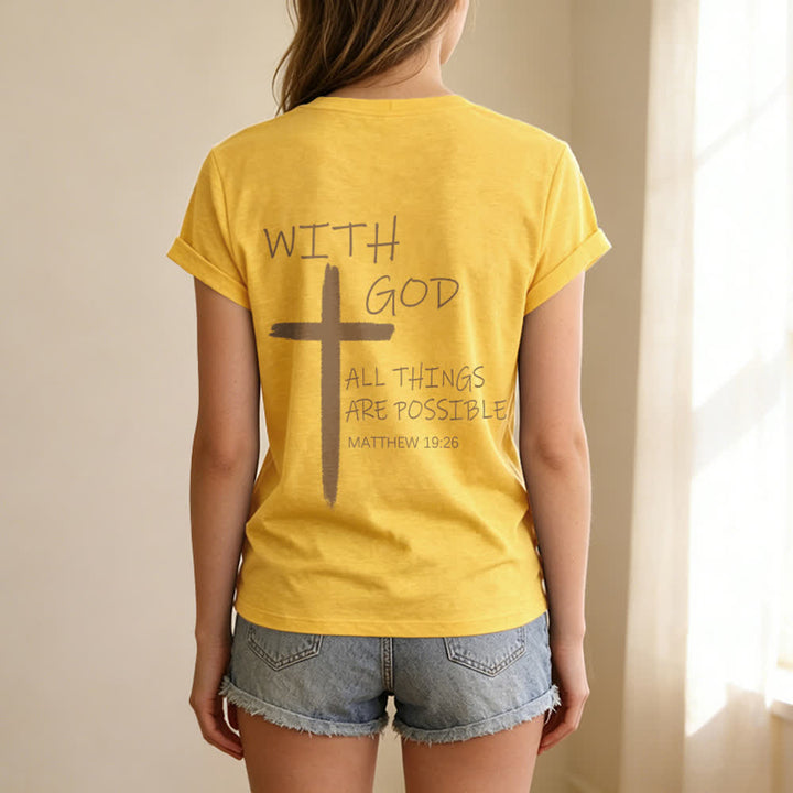 Christianartworkshop Doppelseitiges Kreuz – „Mit Gott ist alles möglich“ (Matthäus 19,26) – Lässiges T-Shirt mit V-Ausschnitt und Buchstabenprint - image 63