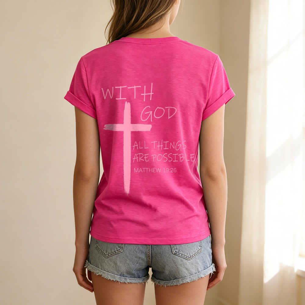 Christianartworkshop Doppelseitiges Kreuz – „Mit Gott ist alles möglich“ (Matthäus 19,26) – Lässiges T-Shirt mit V-Ausschnitt und Buchstabenprint - image 58