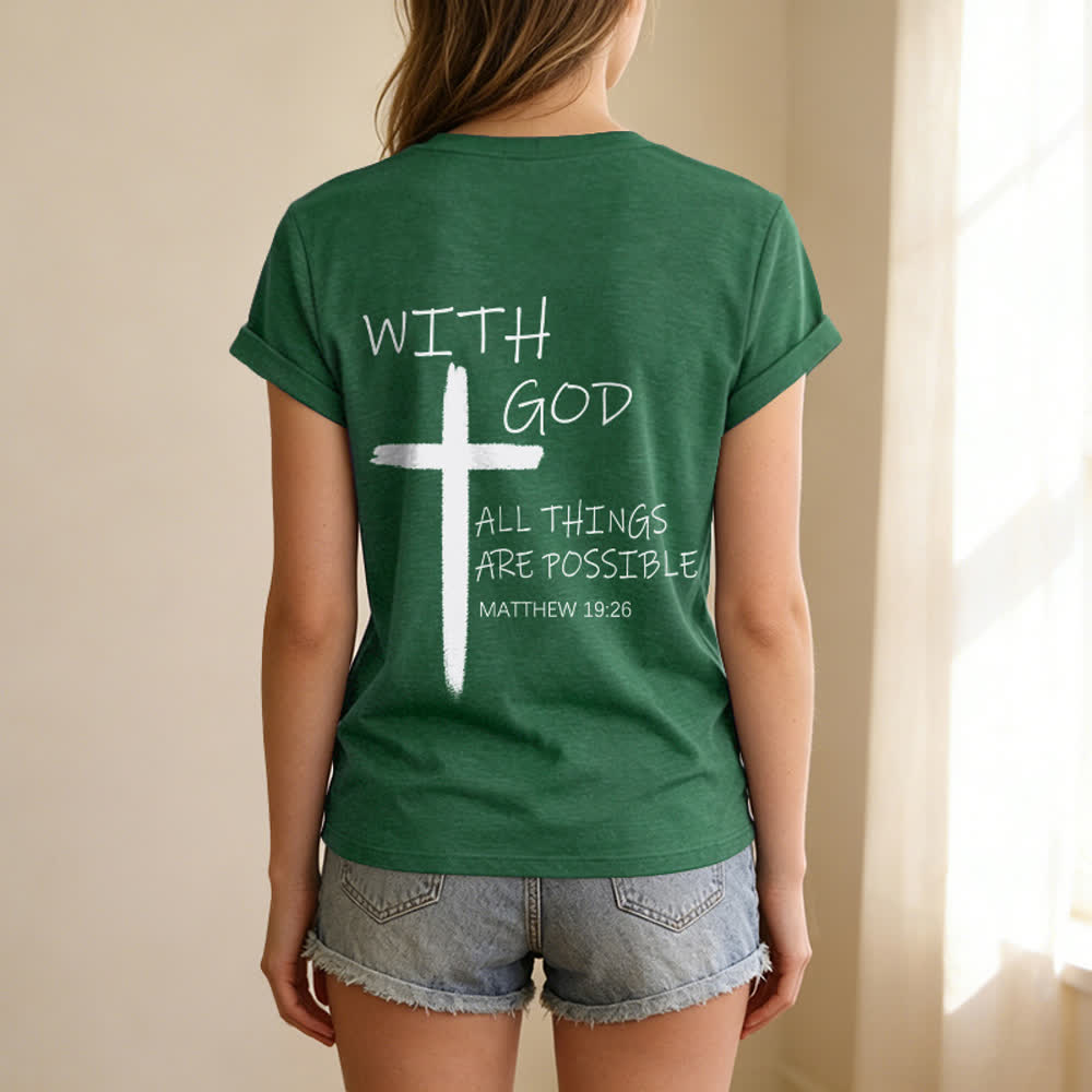 Christianartworkshop Doppelseitiges Kreuz – „Mit Gott ist alles möglich“ (Matthäus 19,26) – Lässiges T-Shirt mit V-Ausschnitt und Buchstabenprint - image 28