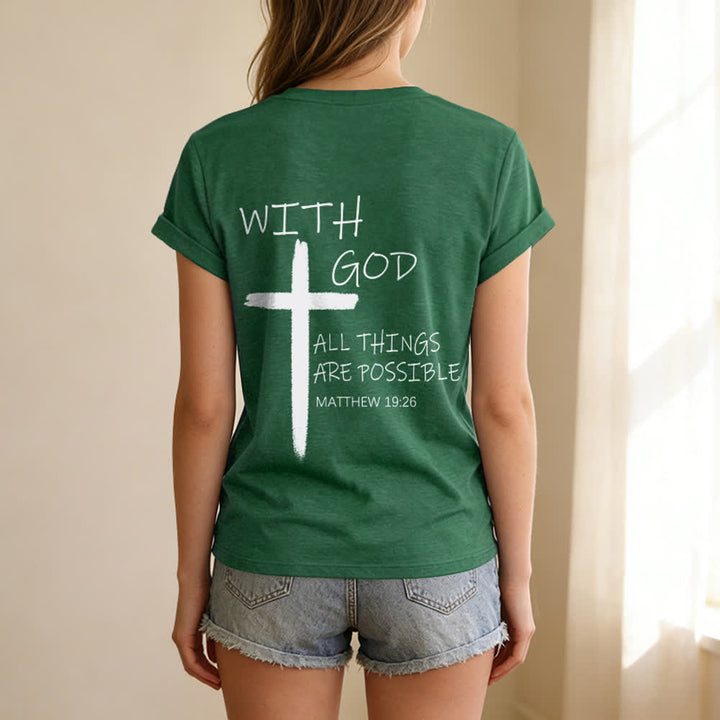 Christianartworkshop Doppelseitiges Kreuz – „Mit Gott ist alles möglich“ (Matthäus 19,26) – Lässiges T-Shirt mit V-Ausschnitt und Buchstabenprint - image 28