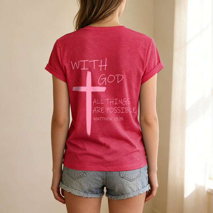 Christianartworkshop Doppelseitiges Kreuz – „Mit Gott ist alles möglich“ (Matthäus 19,26) – Lässiges T-Shirt mit V-Ausschnitt und Buchstabenprint - image 38