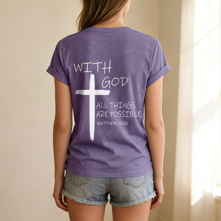 Christianartworkshop Doppelseitiges Kreuz – „Mit Gott ist alles möglich“ (Matthäus 19,26) – Lässiges T-Shirt mit V-Ausschnitt und Buchstabenprint - image 43