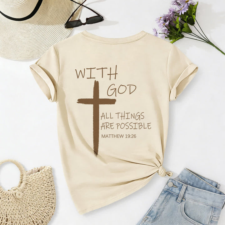 Christianartworkshop Doppelseitiges Kreuz – „Mit Gott ist alles möglich“ (Matthäus 19,26) – Lässiges T-Shirt mit V-Ausschnitt und Buchstabenprint - image 6