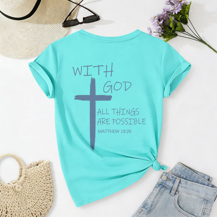 Christianartworkshop Doppelseitiges Kreuz – „Mit Gott ist alles möglich“ (Matthäus 19,26) – Lässiges T-Shirt mit V-Ausschnitt und Buchstabenprint - image 51