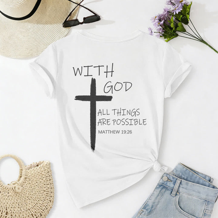Christianartworkshop Doppelseitiges Kreuz – „Mit Gott ist alles möglich“ (Matthäus 19,26) – Lässiges T-Shirt mit V-Ausschnitt und Buchstabenprint - image 11