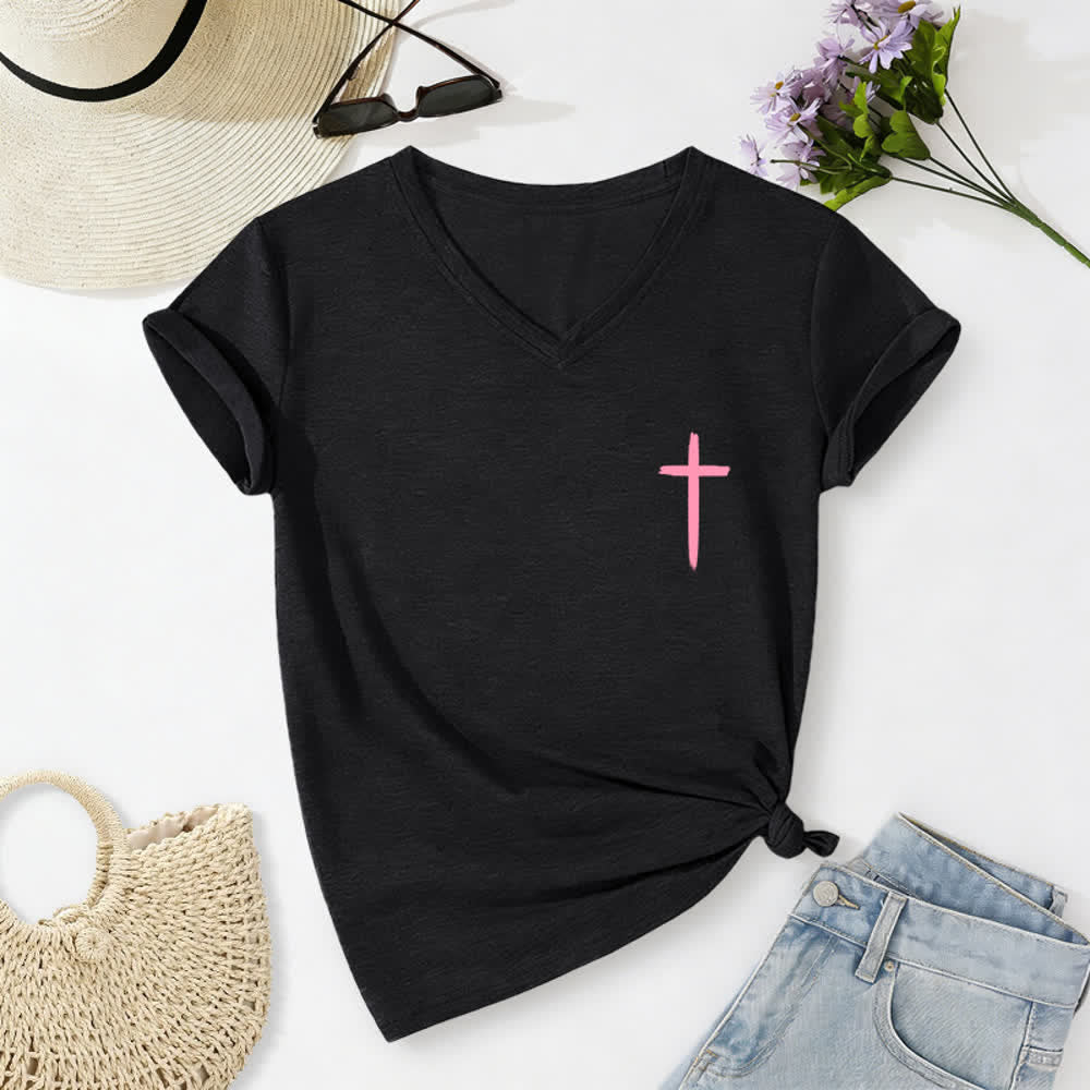 Christianartworkshop Doppelseitiges Kreuz – „Mit Gott ist alles möglich“ (Matthäus 19,26) – Lässiges T-Shirt mit V-Ausschnitt und Buchstabenprint - image 32