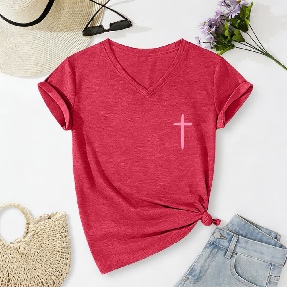 Christianartworkshop Doppelseitiges Kreuz – „Mit Gott ist alles möglich“ (Matthäus 19,26) – Lässiges T-Shirt mit V-Ausschnitt und Buchstabenprint - image 37