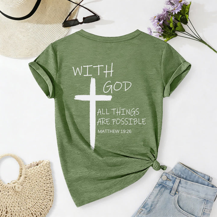 Christianartworkshop Doppelseitiges Kreuz – „Mit Gott ist alles möglich“ (Matthäus 19,26) – Lässiges T-Shirt mit V-Ausschnitt und Buchstabenprint - image 21