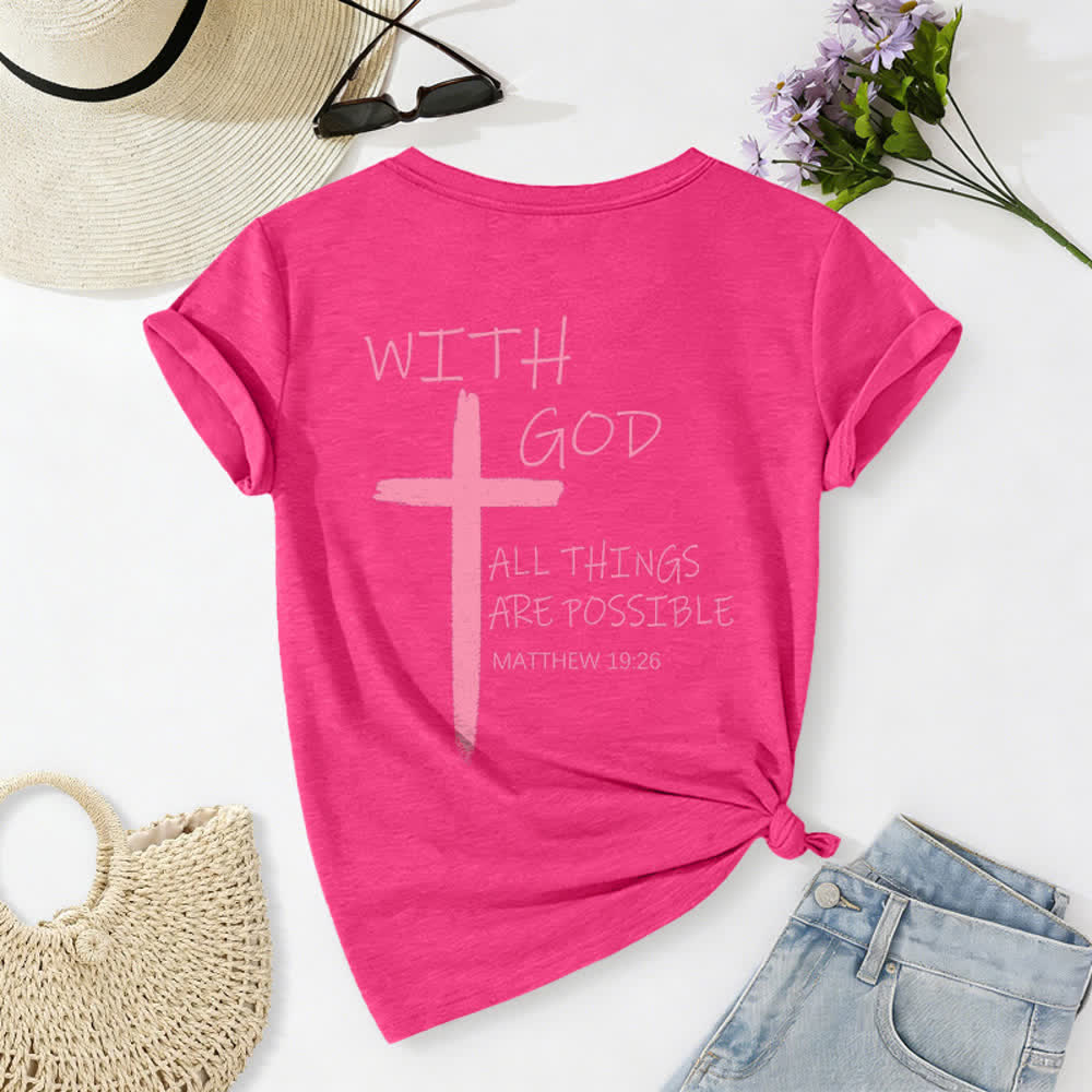 Christianartworkshop Doppelseitiges Kreuz – „Mit Gott ist alles möglich“ (Matthäus 19,26) – Lässiges T-Shirt mit V-Ausschnitt und Buchstabenprint - image 56