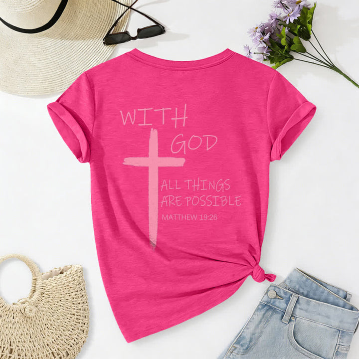 Christianartworkshop Doppelseitiges Kreuz – „Mit Gott ist alles möglich“ (Matthäus 19,26) – Lässiges T-Shirt mit V-Ausschnitt und Buchstabenprint - image 56