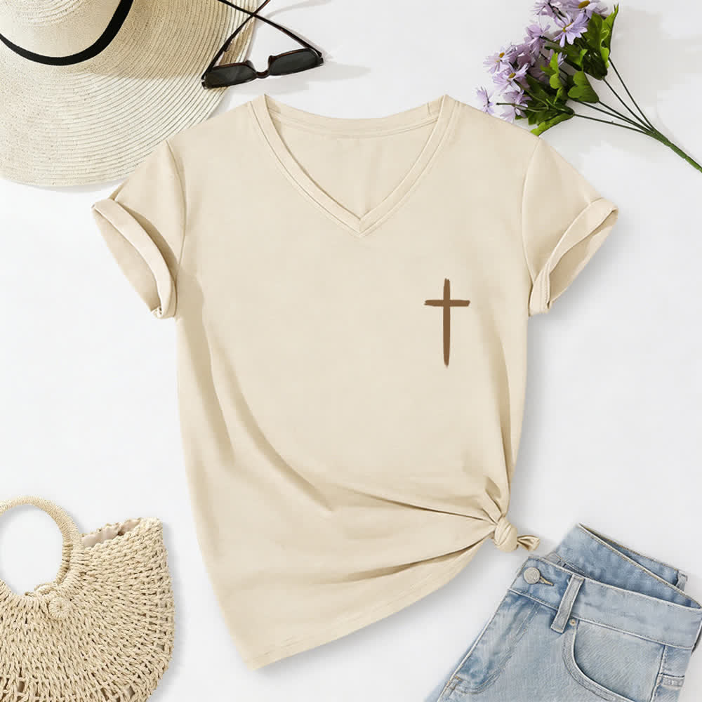 Christianartworkshop Doppelseitiges Kreuz – „Mit Gott ist alles möglich“ (Matthäus 19,26) – Lässiges T-Shirt mit V-Ausschnitt und Buchstabenprint - image 7
