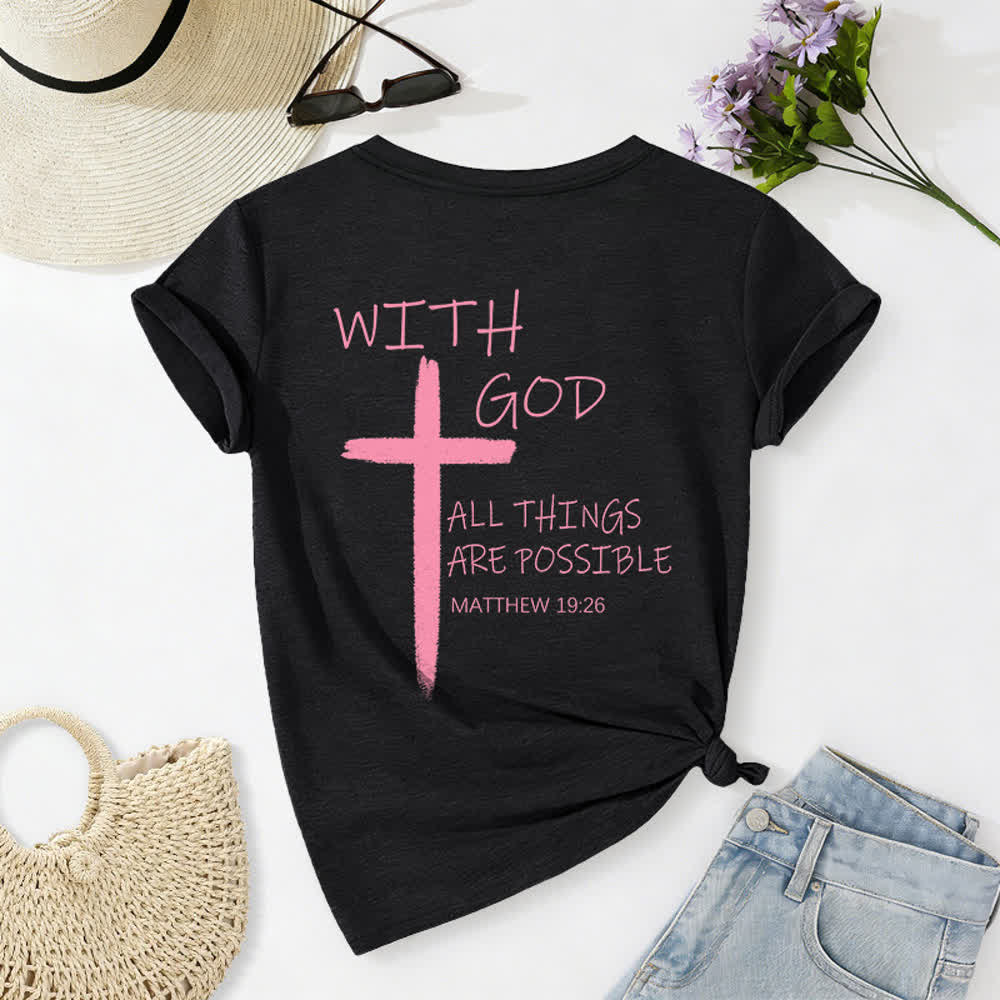 Christianartworkshop Doppelseitiges Kreuz – „Mit Gott ist alles möglich“ (Matthäus 19,26) – Lässiges T-Shirt mit V-Ausschnitt und Buchstabenprint - image 31