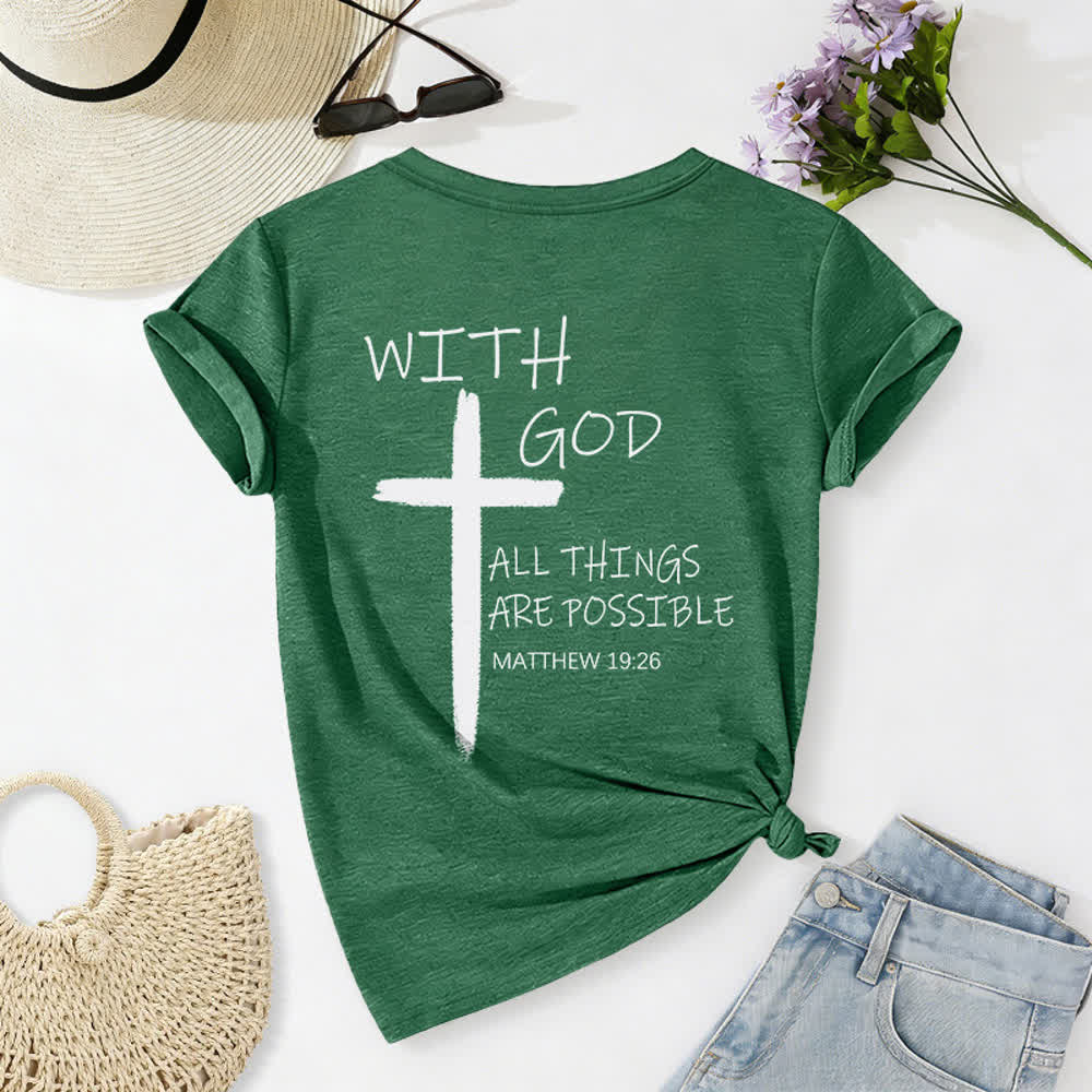 Christianartworkshop Doppelseitiges Kreuz – „Mit Gott ist alles möglich“ (Matthäus 19,26) – Lässiges T-Shirt mit V-Ausschnitt und Buchstabenprint - image 26