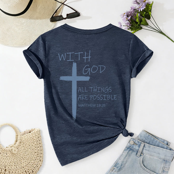 Christianartworkshop Doppelseitiges Kreuz – „Mit Gott ist alles möglich“ (Matthäus 19,26) – Lässiges T-Shirt mit V-Ausschnitt und Buchstabenprint - image 1