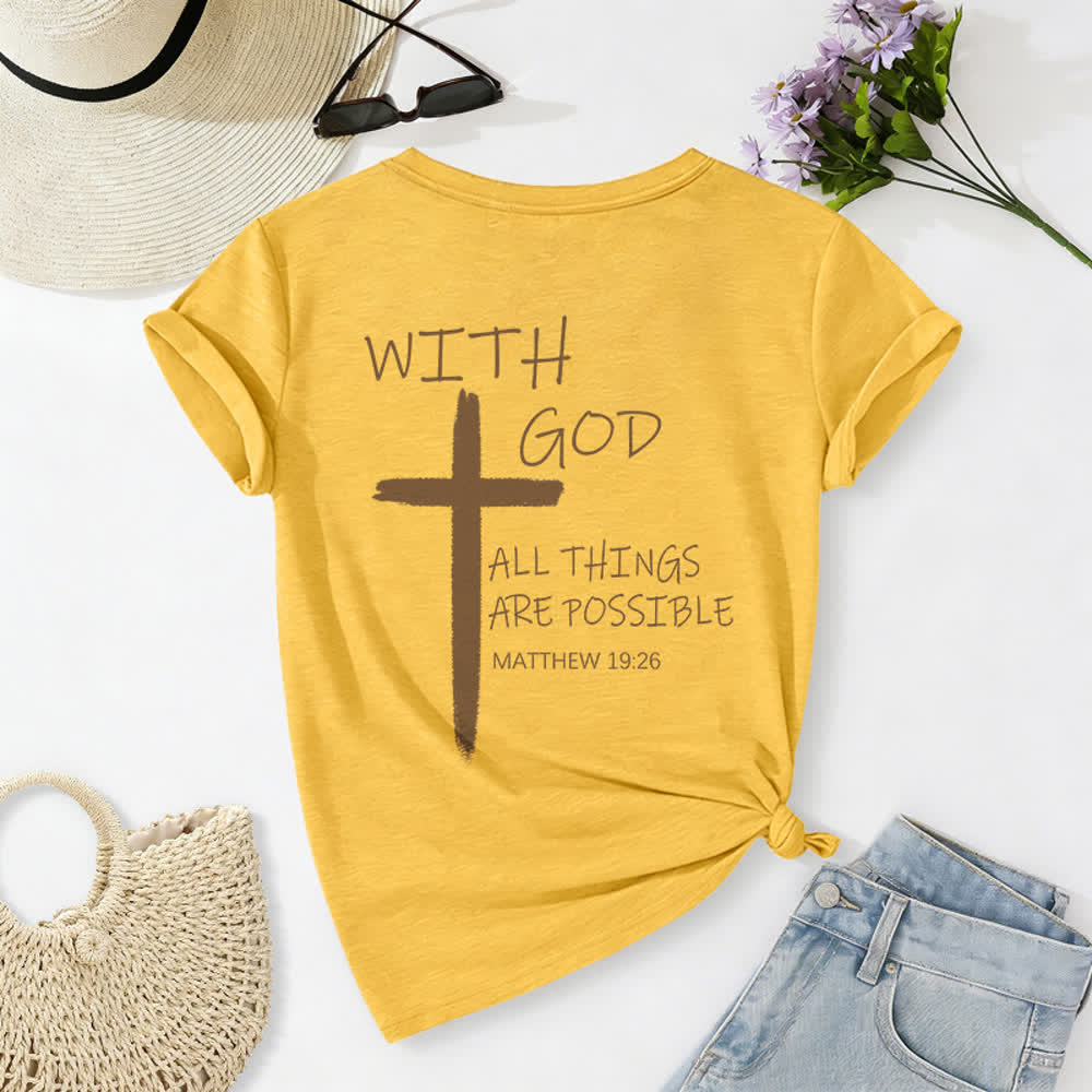 Christianartworkshop Doppelseitiges Kreuz – „Mit Gott ist alles möglich“ (Matthäus 19,26) – Lässiges T-Shirt mit V-Ausschnitt und Buchstabenprint - image 61