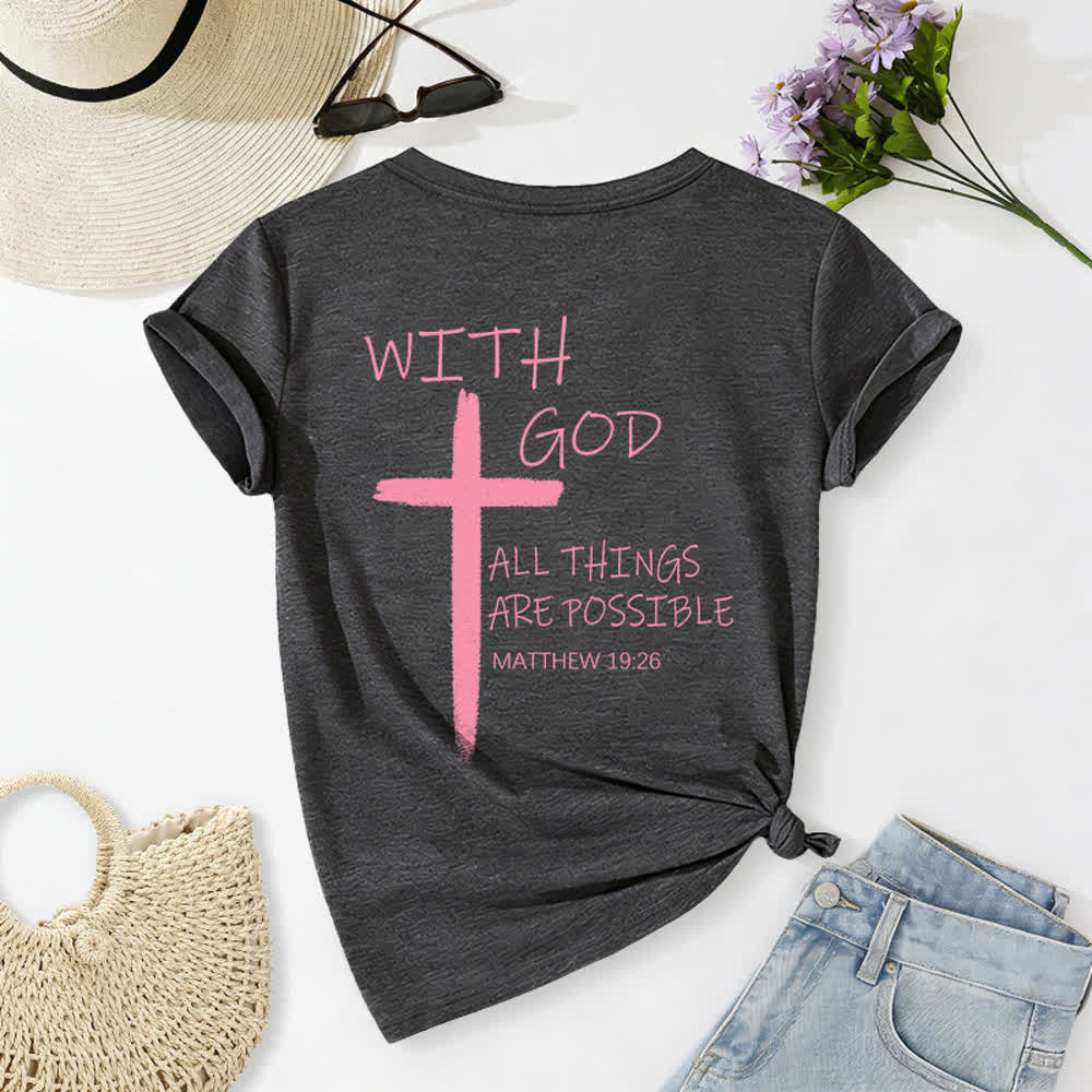 Christianartworkshop Doppelseitiges Kreuz – „Mit Gott ist alles möglich“ (Matthäus 19,26) – Lässiges T-Shirt mit V-Ausschnitt und Buchstabenprint - image 16