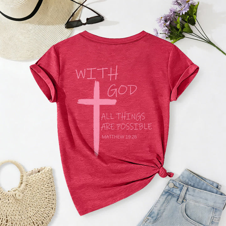 Christianartworkshop Doppelseitiges Kreuz – „Mit Gott ist alles möglich“ (Matthäus 19,26) – Lässiges T-Shirt mit V-Ausschnitt und Buchstabenprint - image 36