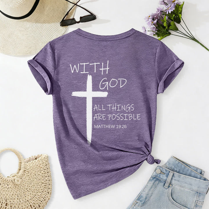Christianartworkshop Doppelseitiges Kreuz – „Mit Gott ist alles möglich“ (Matthäus 19,26) – Lässiges T-Shirt mit V-Ausschnitt und Buchstabenprint - image 41