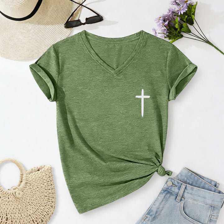 Christianartworkshop Doppelseitiges Kreuz – „Mit Gott ist alles möglich“ (Matthäus 19,26) – Lässiges T-Shirt mit V-Ausschnitt und Buchstabenprint - image 22