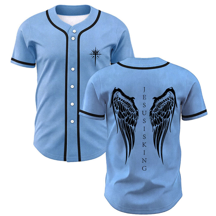 Christianartworkshop Jesus ist König Engelsflügel Kreuz Glaubensbekenntnis Individuelles Baseballtrikot - Blau - 5XL - image 42