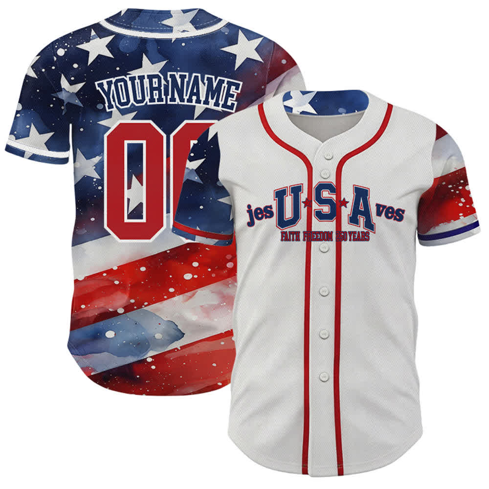 Personalisiertes Baseballtrikot „Jesus rettet die USA“ von Christianartworkshop – Patriotisches Baseballtrikot mit Glaubens- und Freiheitsmotiv - 5XL - Name & Nummer angepasst - image 0