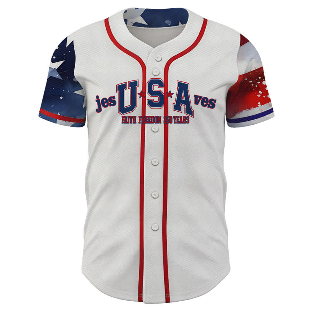 Personalisiertes Baseballtrikot „Jesus rettet die USA“ von Christianartworkshop – Patriotisches Baseballtrikot mit Glaubens- und Freiheitsmotiv - image 1