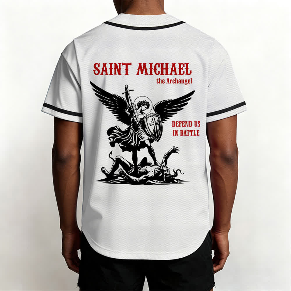 Christianartworkshop St. Michael Archangel Defend Us Unisex Baseball Jersey - image 5
