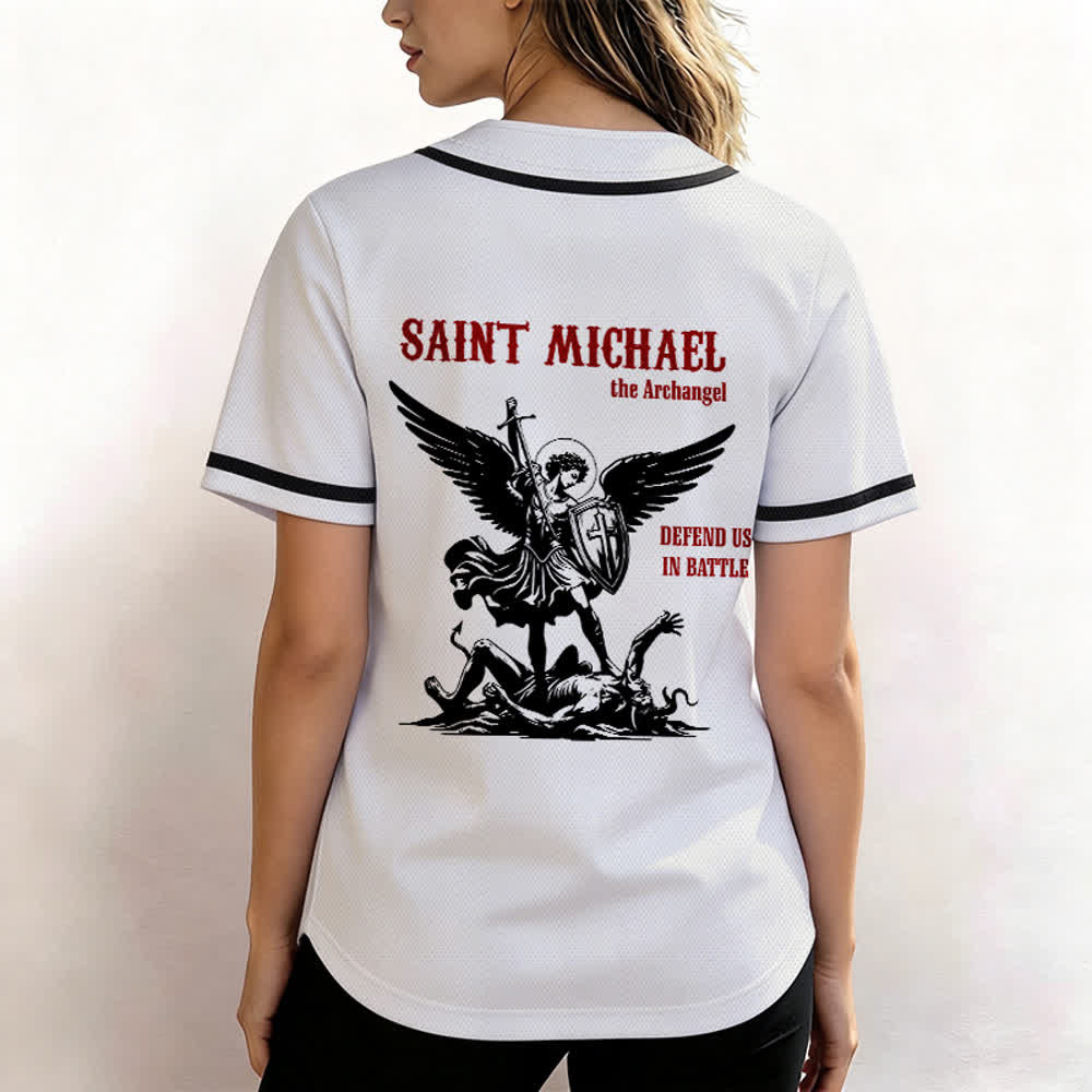 Christianartworkshop St. Michael Archangel Defend Us Unisex Baseball Jersey - image 3