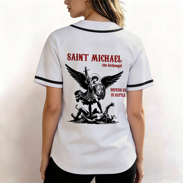 Christianartworkshop St. Michael Archangel Defend Us Unisex Baseball Jersey - image 3