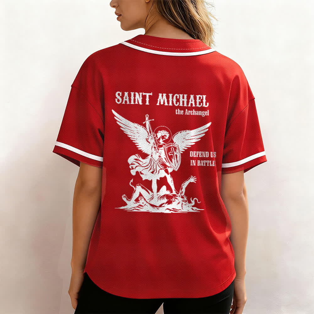 Christianartworkshop St. Michael Archangel Defend Us Unisex Baseball Jersey - image 17