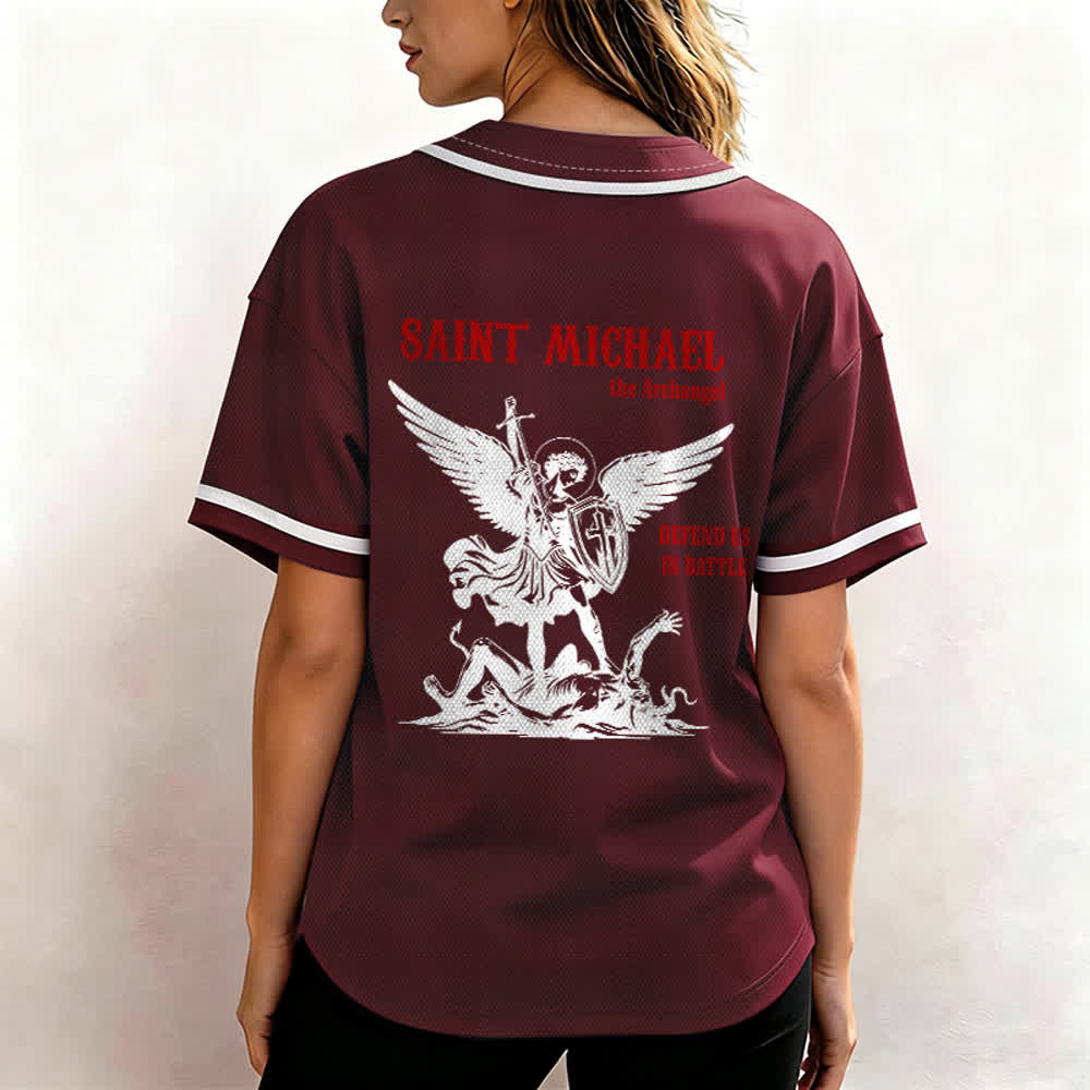 Christianartworkshop St. Michael Archangel Defend Us Unisex Baseball Jersey - image 26