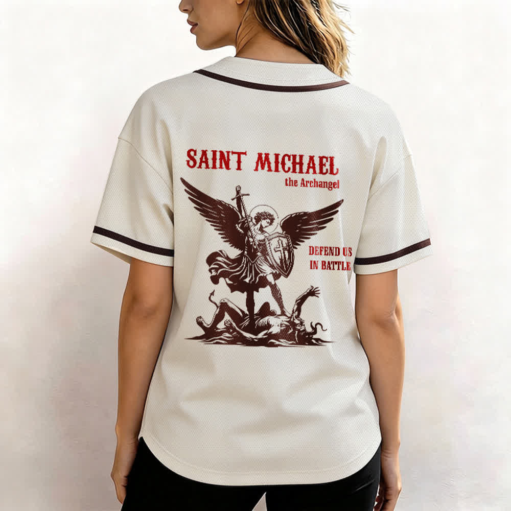 Christianartworkshop St. Michael Archangel Defend Us Unisex Baseball Jersey - image 52