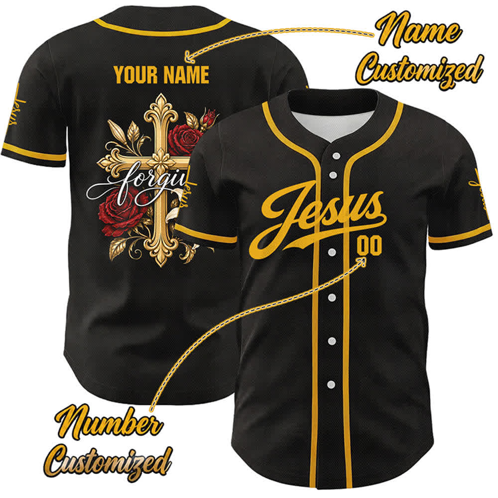 Christianartworkshop Jesus Forgive Golden Cross Red Rose Unisex Custom Baseball Jersey - 5XL - Name & Nummer angepasst - image 0