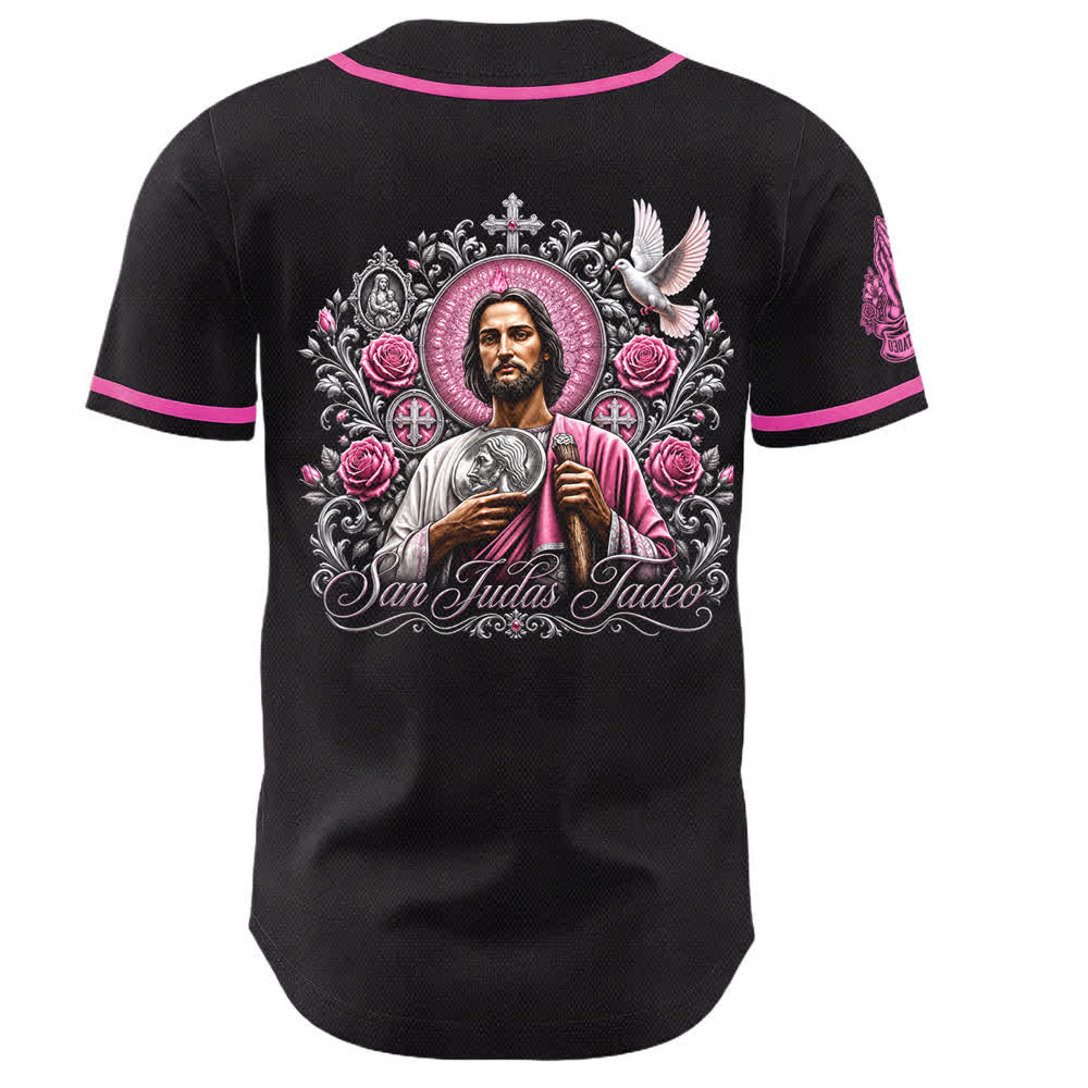 Christianartworkshop Vorderseite Vertikales Rosenkranz-Motiv der Heiligen San Juditas Rückseite Porträt der Heiligen Lilie und Taube Baseballtrikot mit Knöpfen - image 5