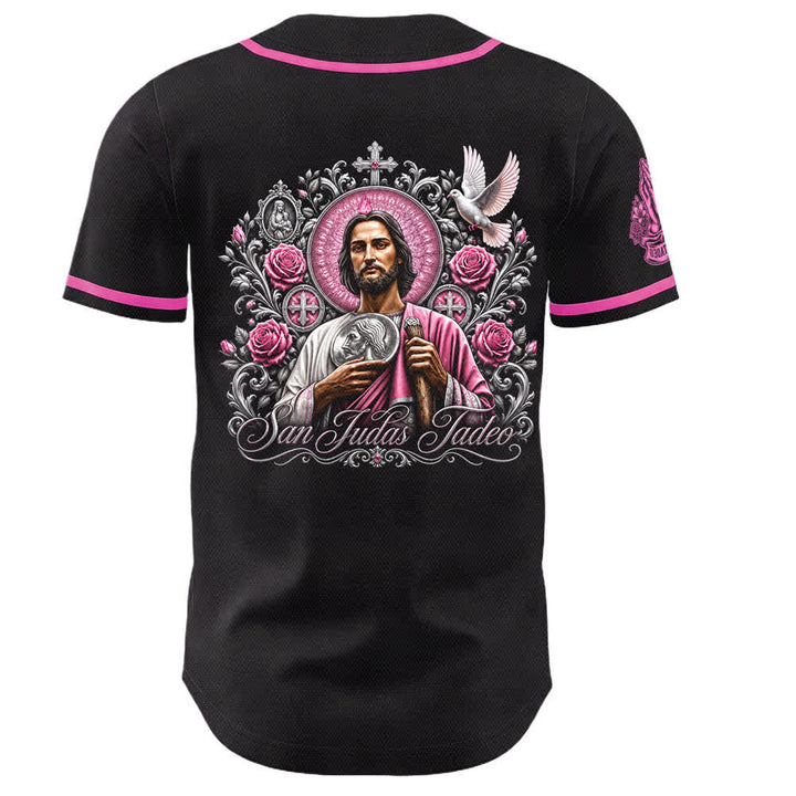 Christianartworkshop Vorderseite Vertikales Rosenkranz-Motiv der Heiligen San Juditas Rückseite Porträt der Heiligen Lilie und Taube Baseballtrikot mit Knöpfen - image 5